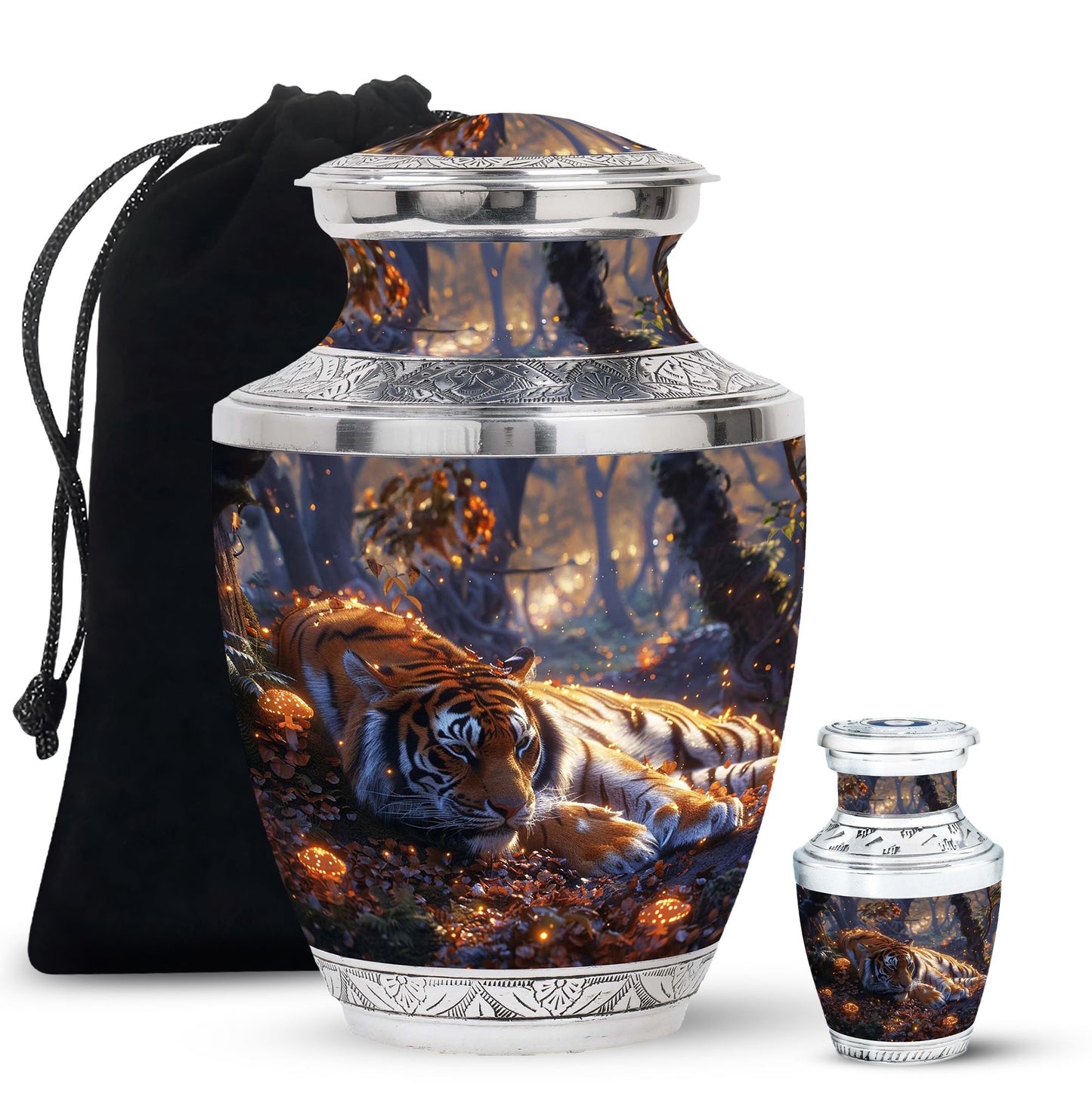 Tiger Urn for Human Ashes, Resting in Glowing Forest Flowers, Cremation Urn