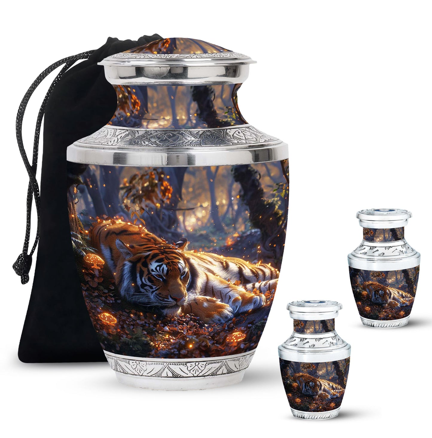 Tiger Urn for Human Ashes, Resting in Glowing Forest Flowers, Cremation Urn