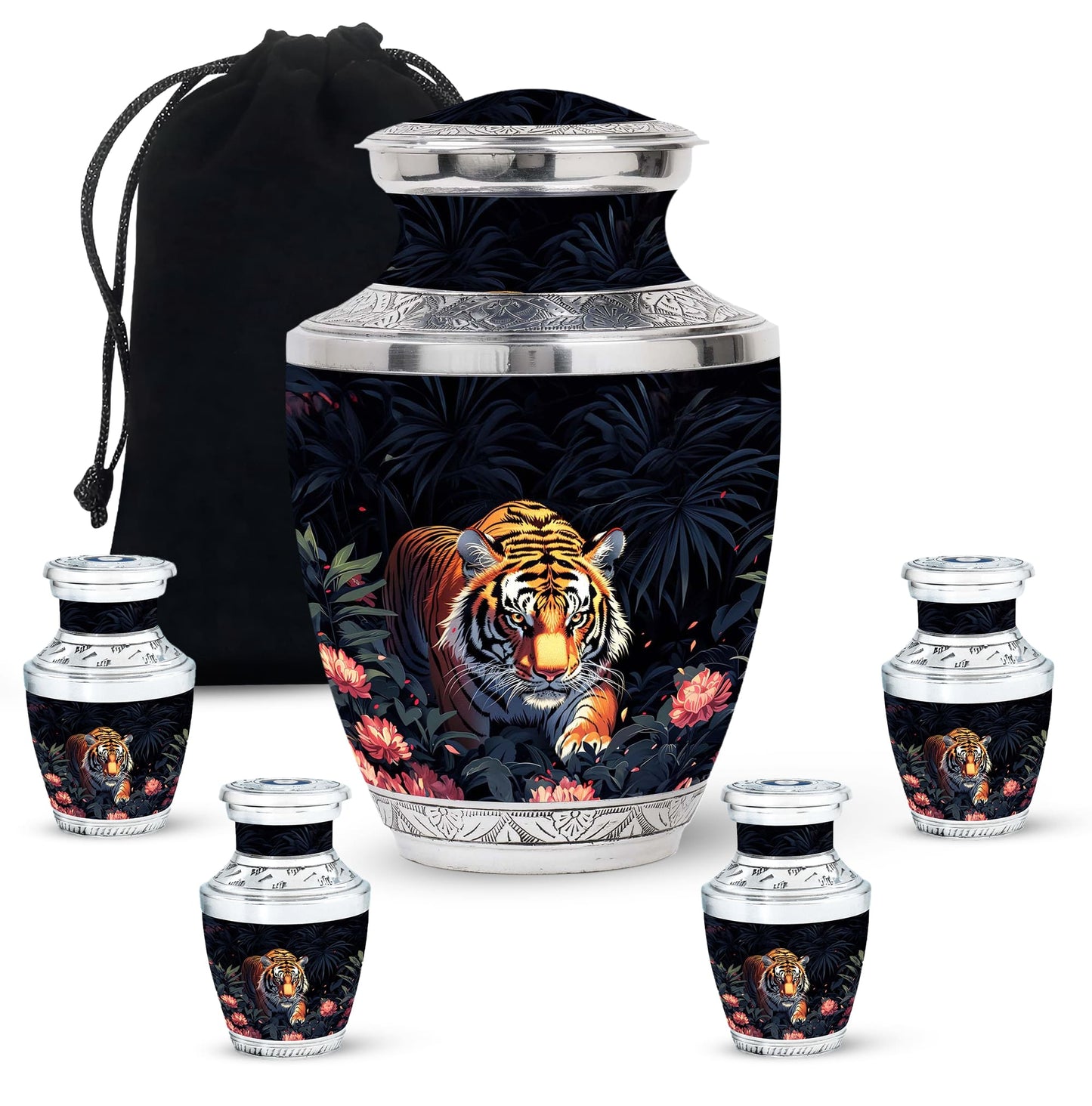Black Personalized Tiger Cremation Urn for Human Ashes - 10-inch, 200 cu in - Yatskia
