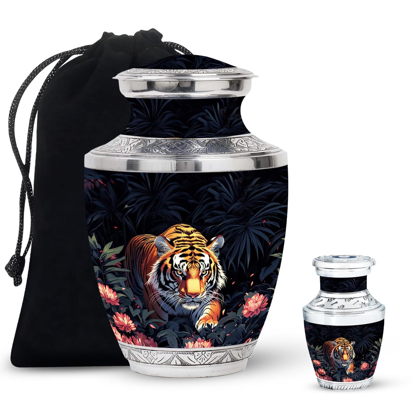 Black Personalized Tiger Cremation Urn for Human Ashes - 10-inch, 200 cu in - Yatskia