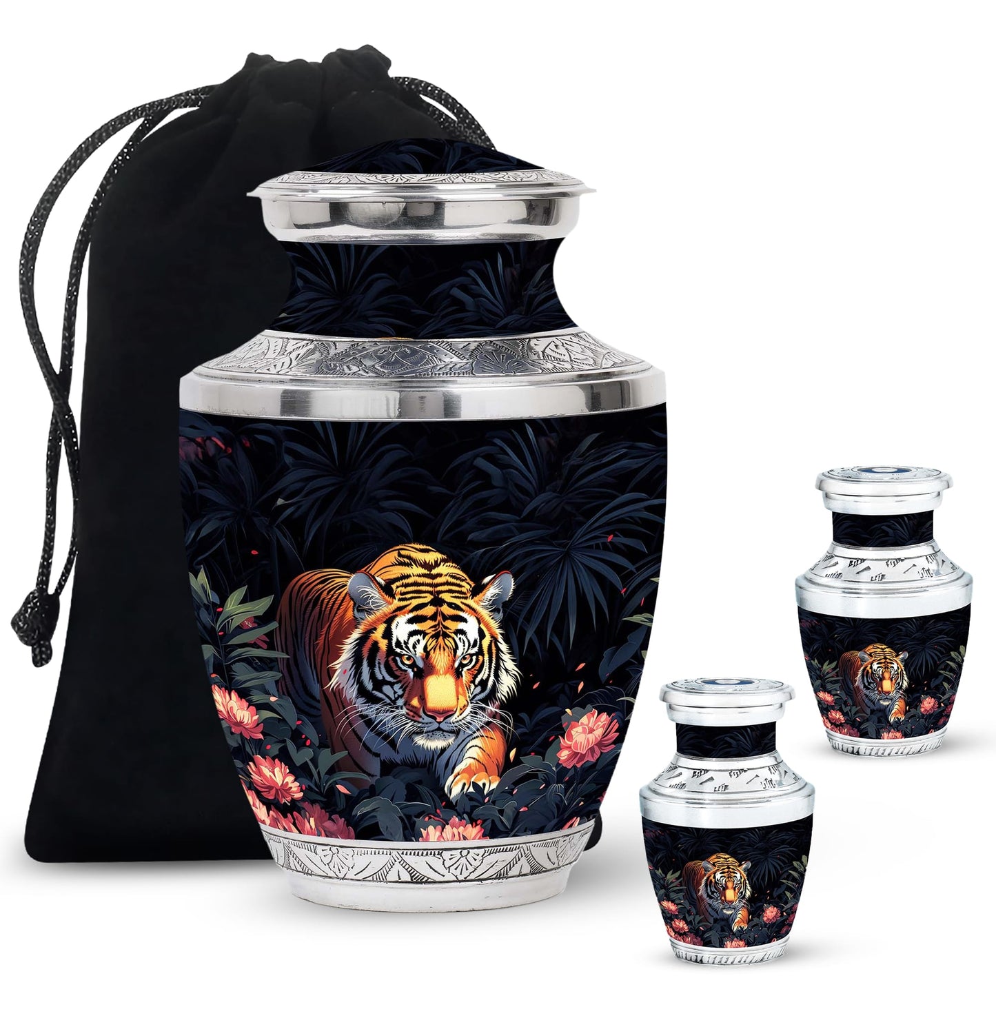 Black Personalized Tiger Cremation Urn for Human Ashes - 10-inch, 200 cu in - Yatskia