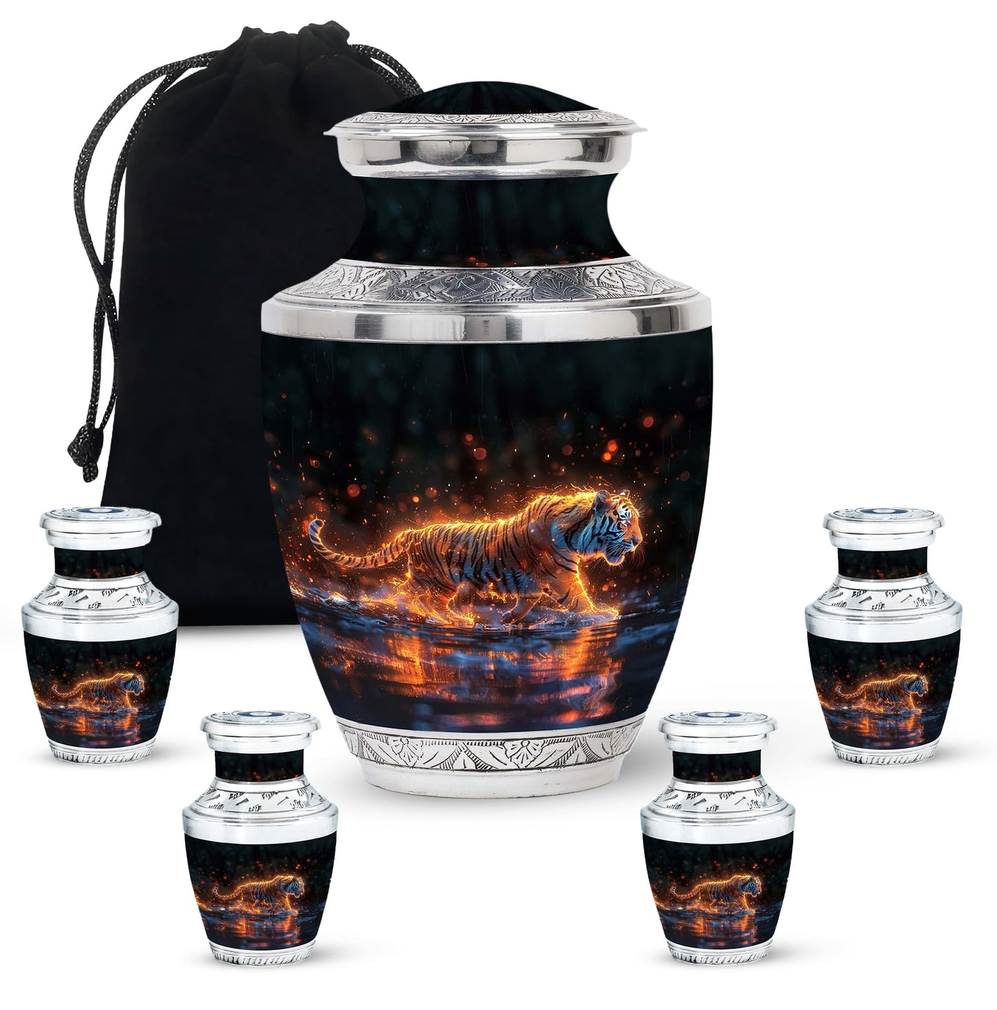 Black Personalized Tiger Cremation Urn for Human Ashes - 10-inch, 200 cu in - Yatskia