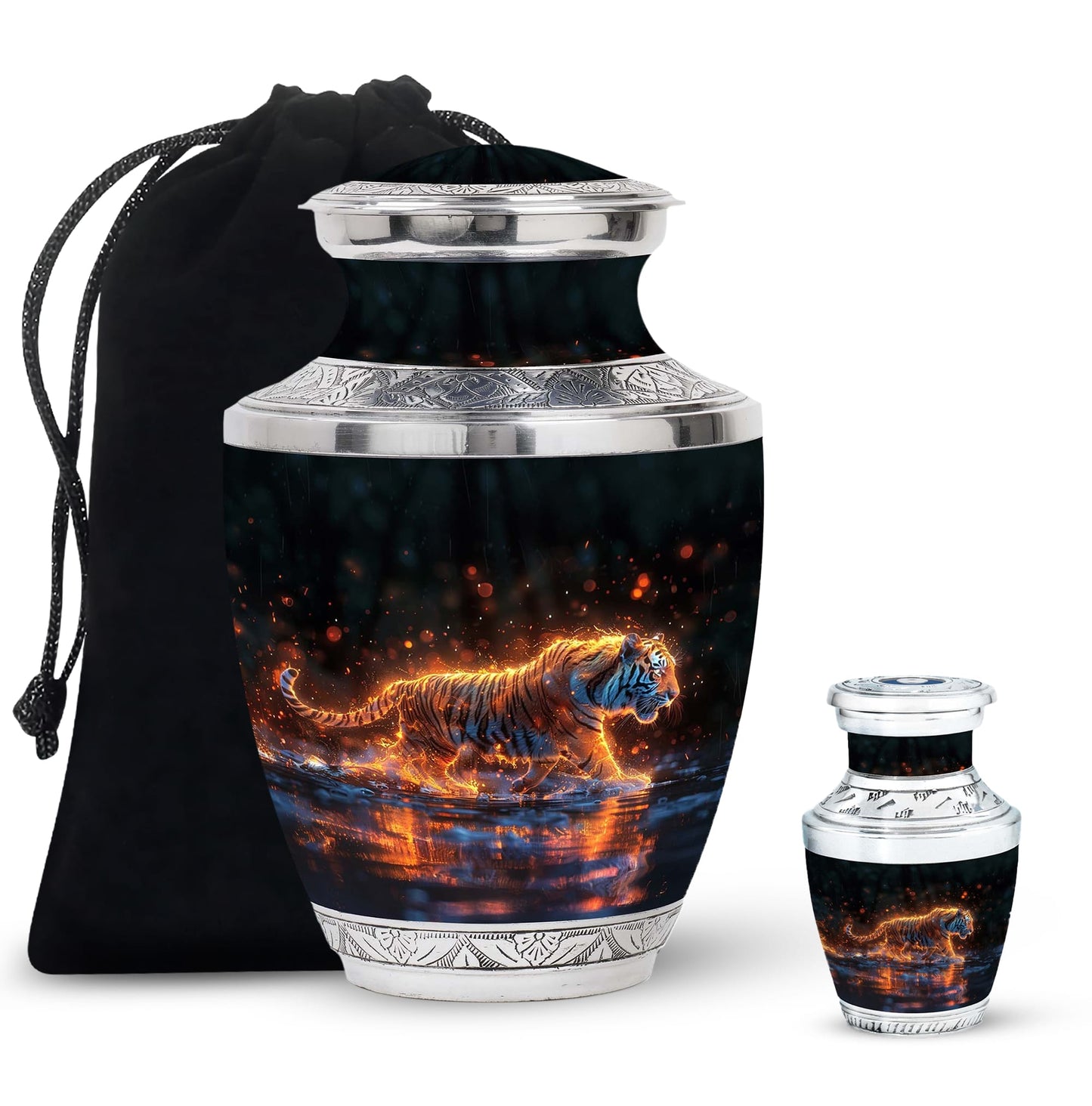 Black Personalized Tiger Cremation Urn for Human Ashes - 10-inch, 200 cu in - Yatskia