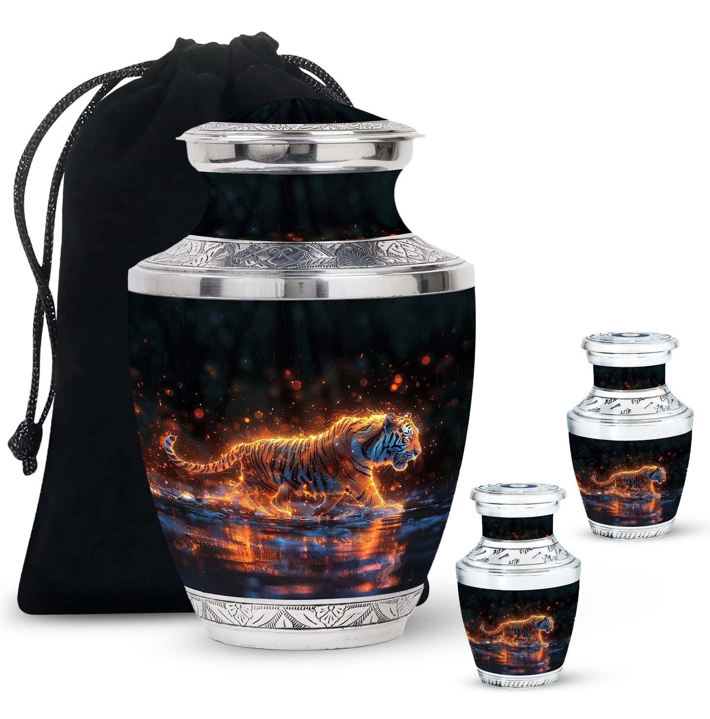 Black Personalized Tiger Cremation Urn for Human Ashes - 10-inch, 200 cu in - Yatskia