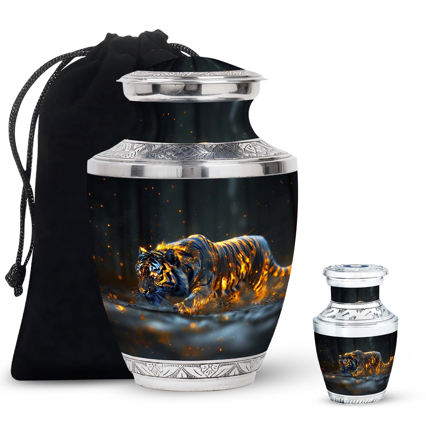 Black Personalized Tiger Cremation Urn for Human Ashes - 10-inch, 200 cu in - Yatskia
