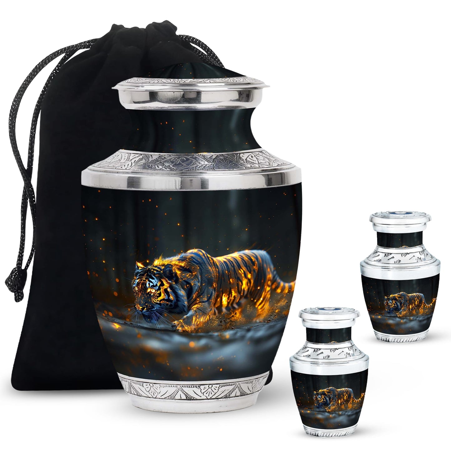 Black Personalized Tiger Cremation Urn for Human Ashes - 10-inch, 200 cu in - Yatskia