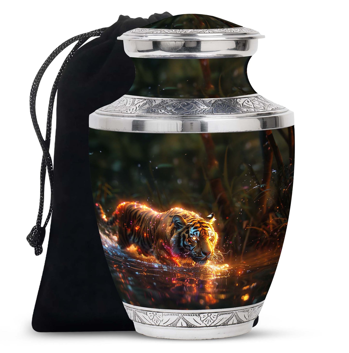 Black Personalized Tiger Cremation Urn for Human Ashes - 10-inch, 200 cu in - Yatskia