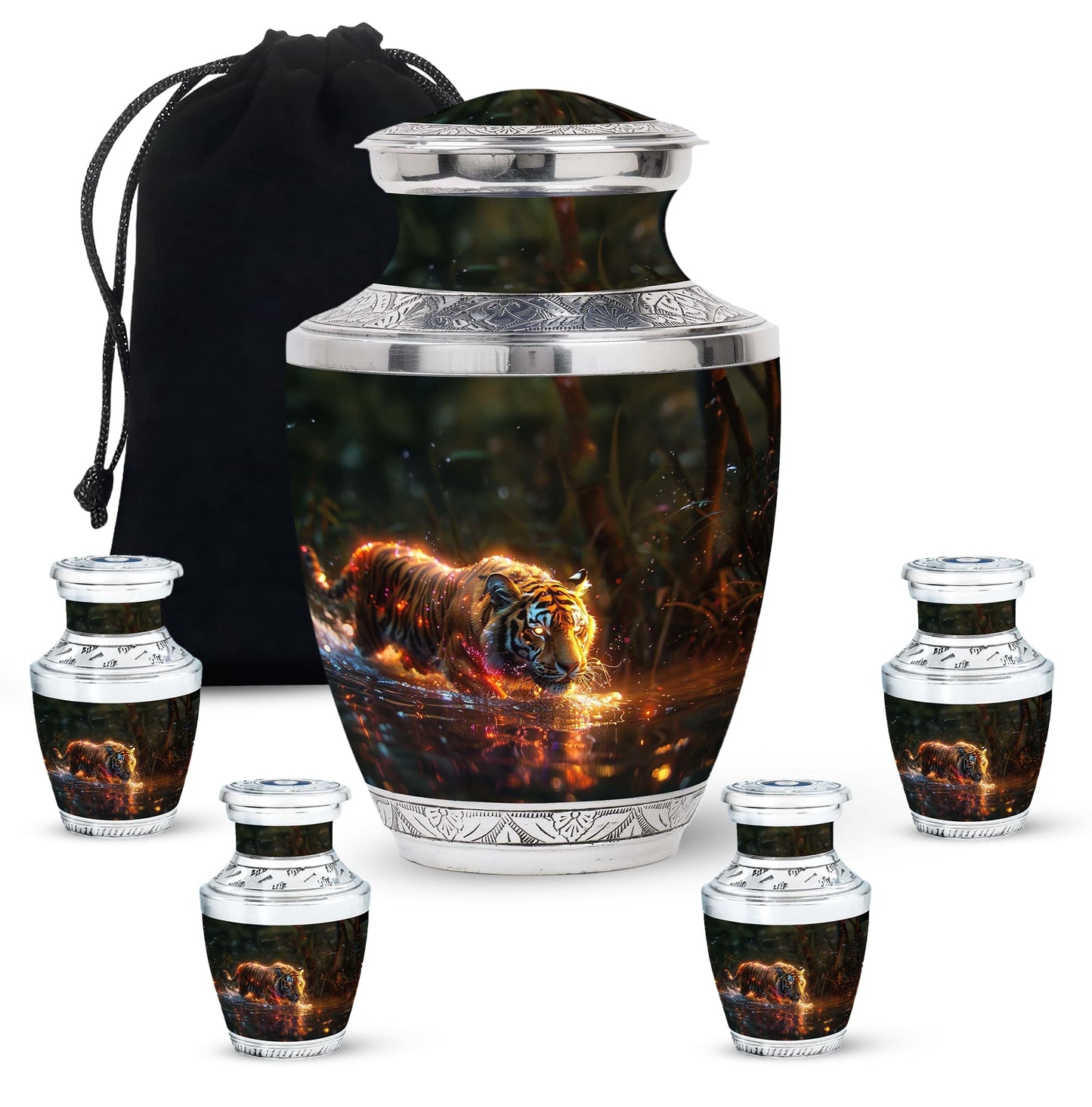 Black Personalized Tiger Cremation Urn for Human Ashes - 10-inch, 200 cu in - Yatskia