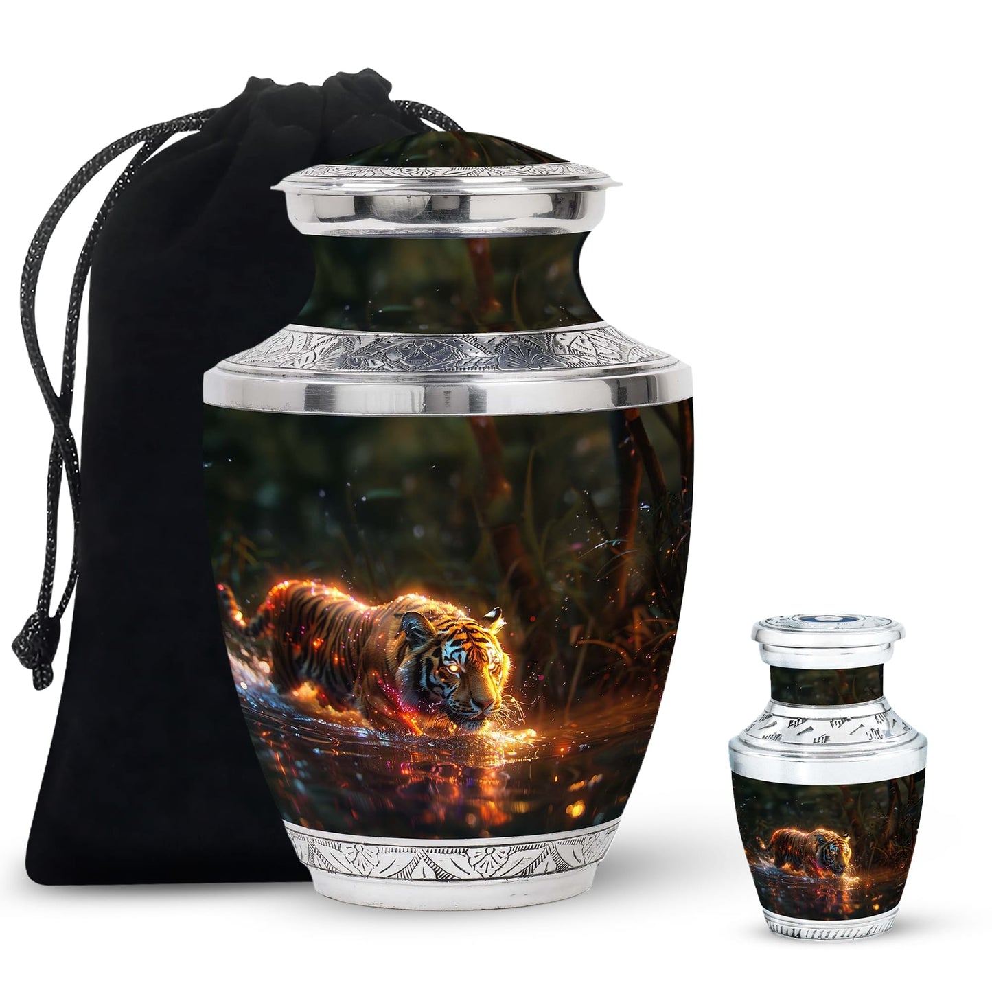Black Personalized Tiger Cremation Urn for Human Ashes - 10-inch, 200 cu in - Yatskia