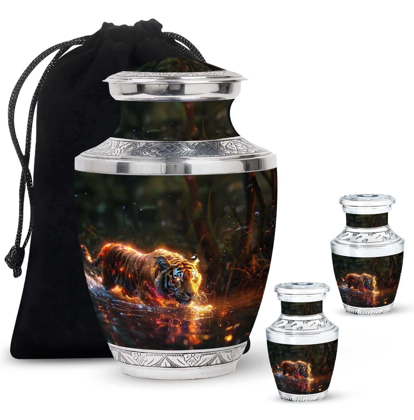 Black Personalized Tiger Cremation Urn for Human Ashes - 10-inch, 200 cu in - Yatskia