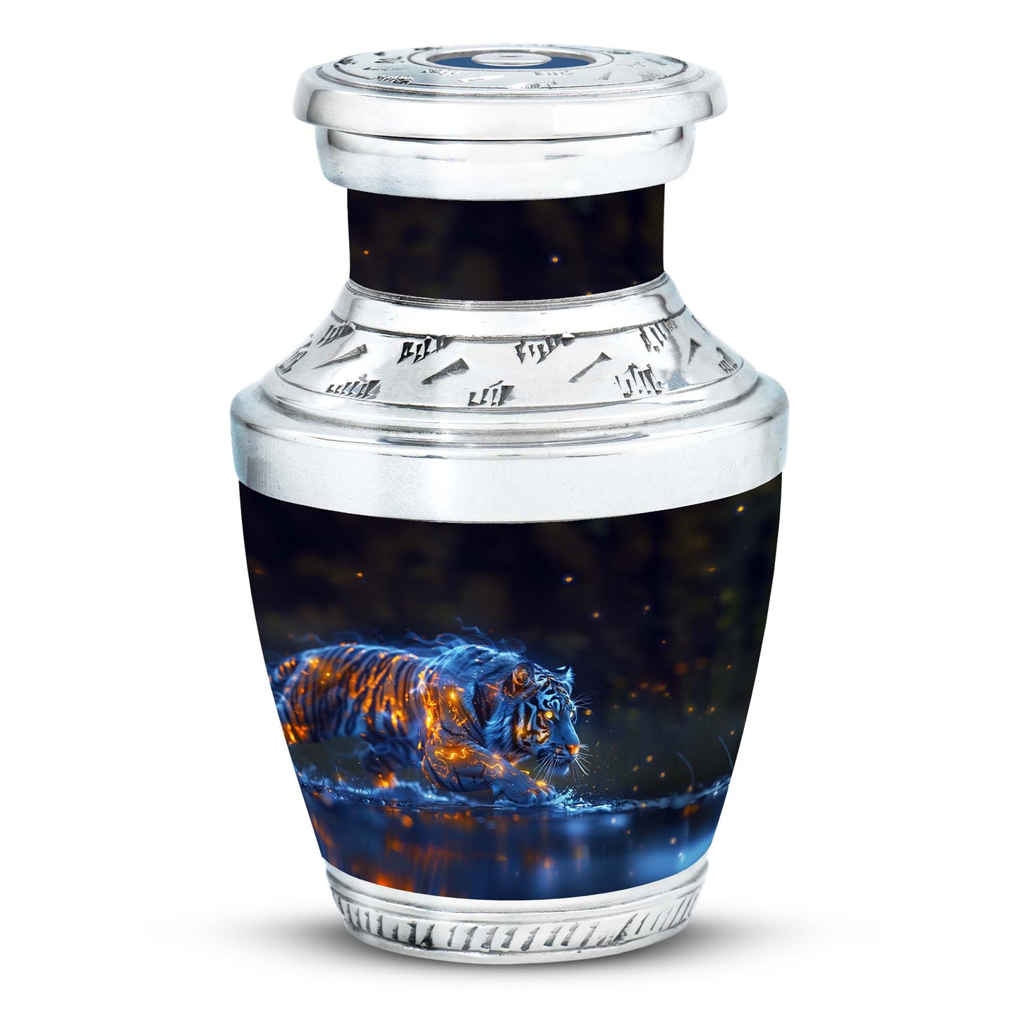Tiger Urn for Human Ashes, Blue Ceramic Crouching Tiger with Embers in Water, Memorial Urn