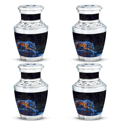 Tiger Urn for Human Ashes, Blue Ceramic Crouching Tiger with Embers in Water, Memorial Urn