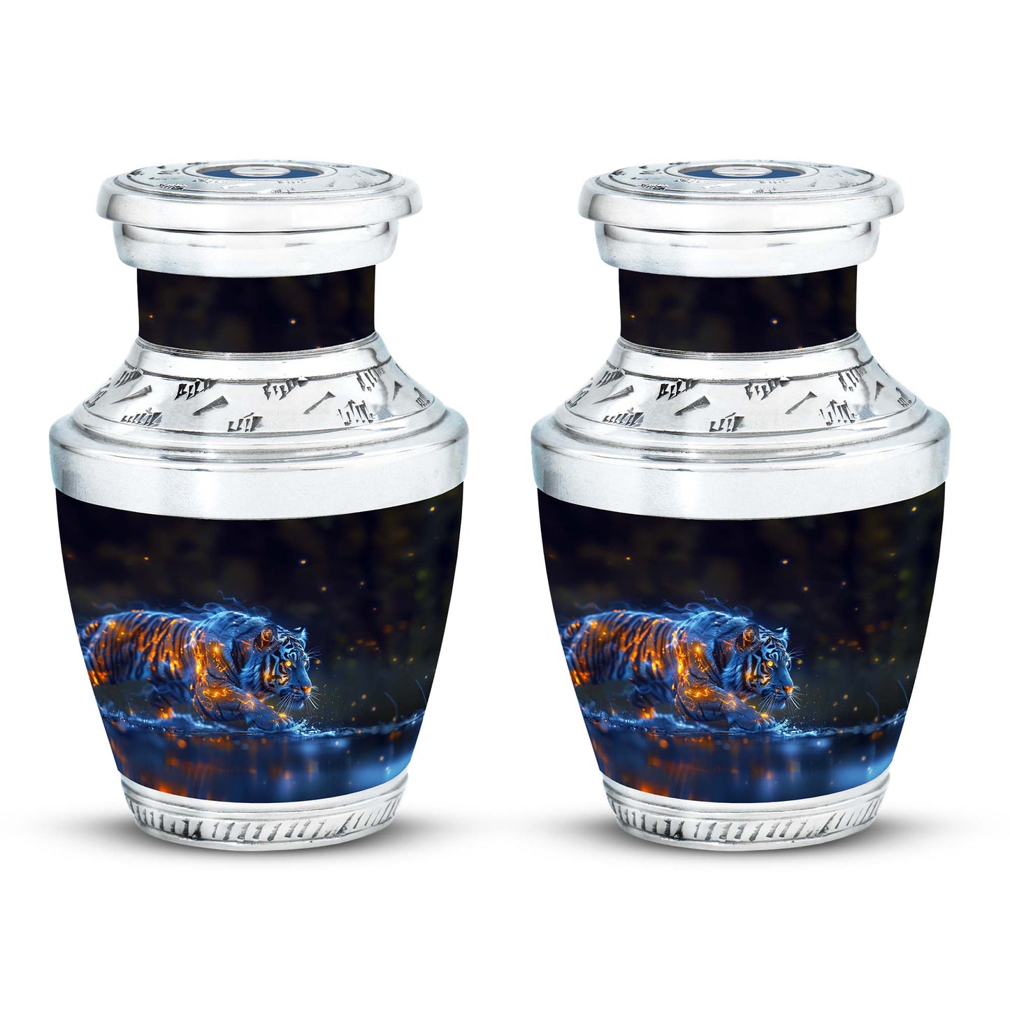 Tiger Urn for Human Ashes, Blue Ceramic Crouching Tiger with Embers in Water, Memorial Urn