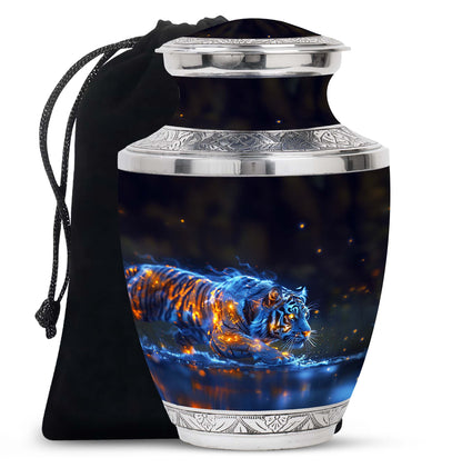Tiger Urn for Human Ashes, Blue Ceramic Crouching Tiger with Embers in Water, Memorial Urn