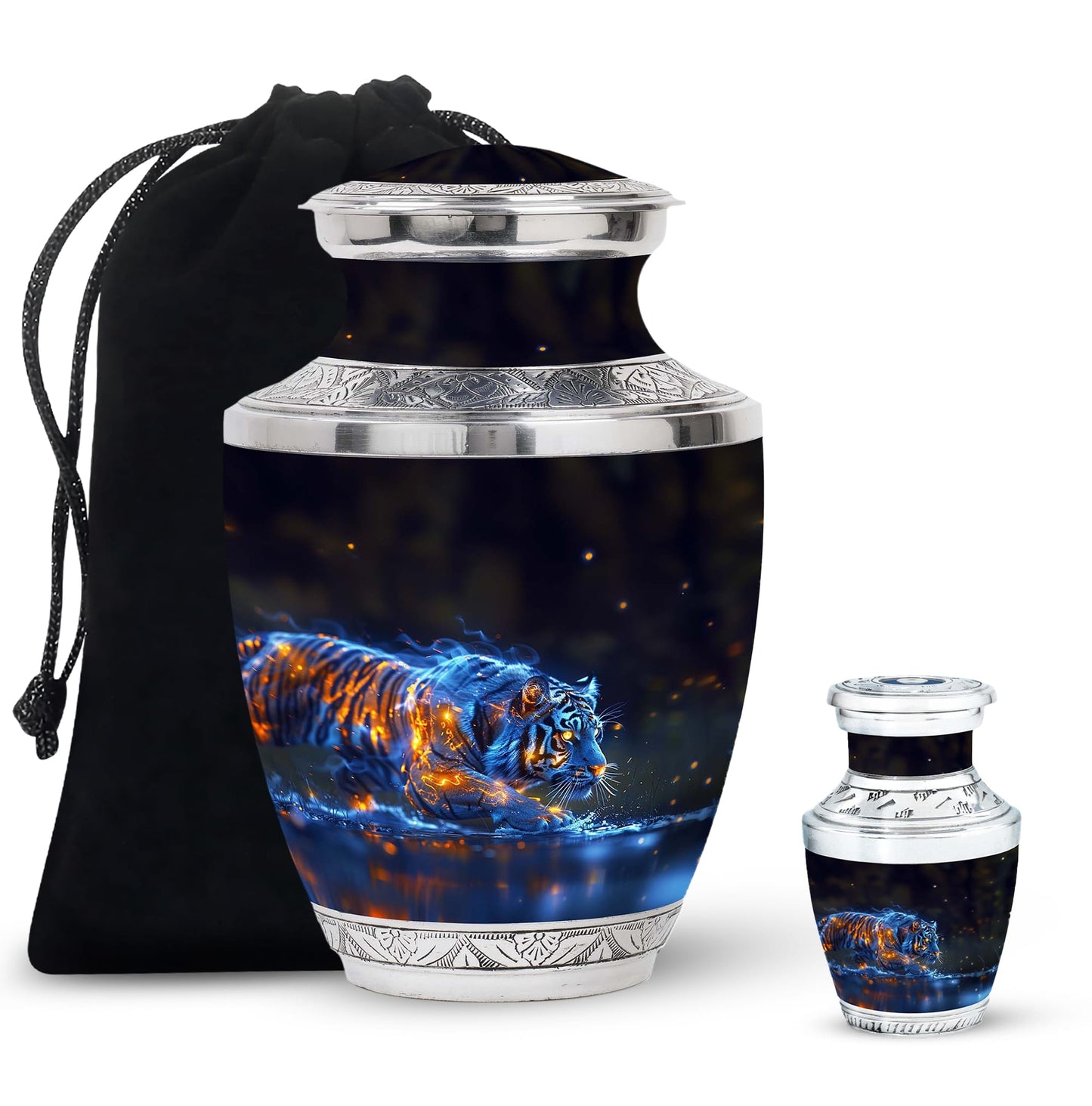 Tiger Urn for Human Ashes, Blue Ceramic Crouching Tiger with Embers in Water, Memorial Urn