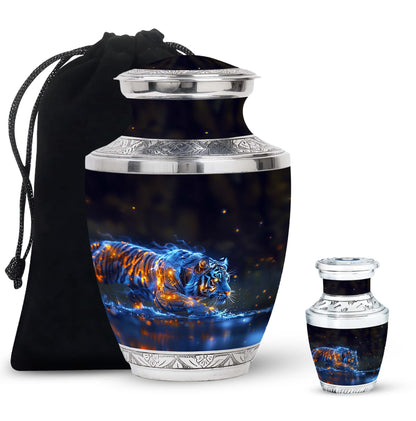 Tiger Urn for Human Ashes, Blue Ceramic Crouching Tiger with Embers in Water, Memorial Urn