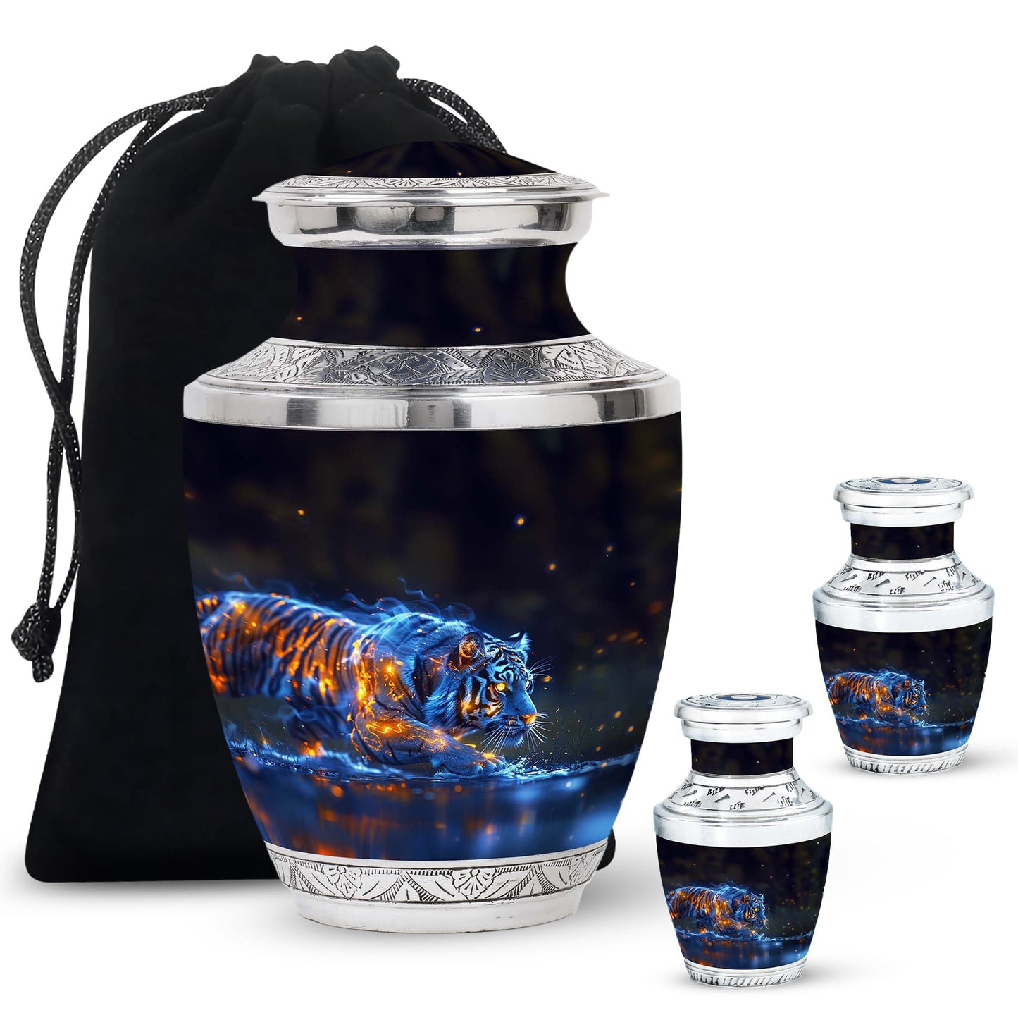 Tiger Urn for Human Ashes, Blue Ceramic Crouching Tiger with Embers in Water, Memorial Urn
