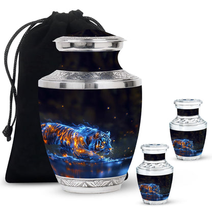 Tiger Urn for Human Ashes, Blue Ceramic Crouching Tiger with Embers in Water, Memorial Urn