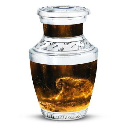 Tiger Urn for Ashes, Tiger Running Through Golden Fire on Black, Memorial Urn