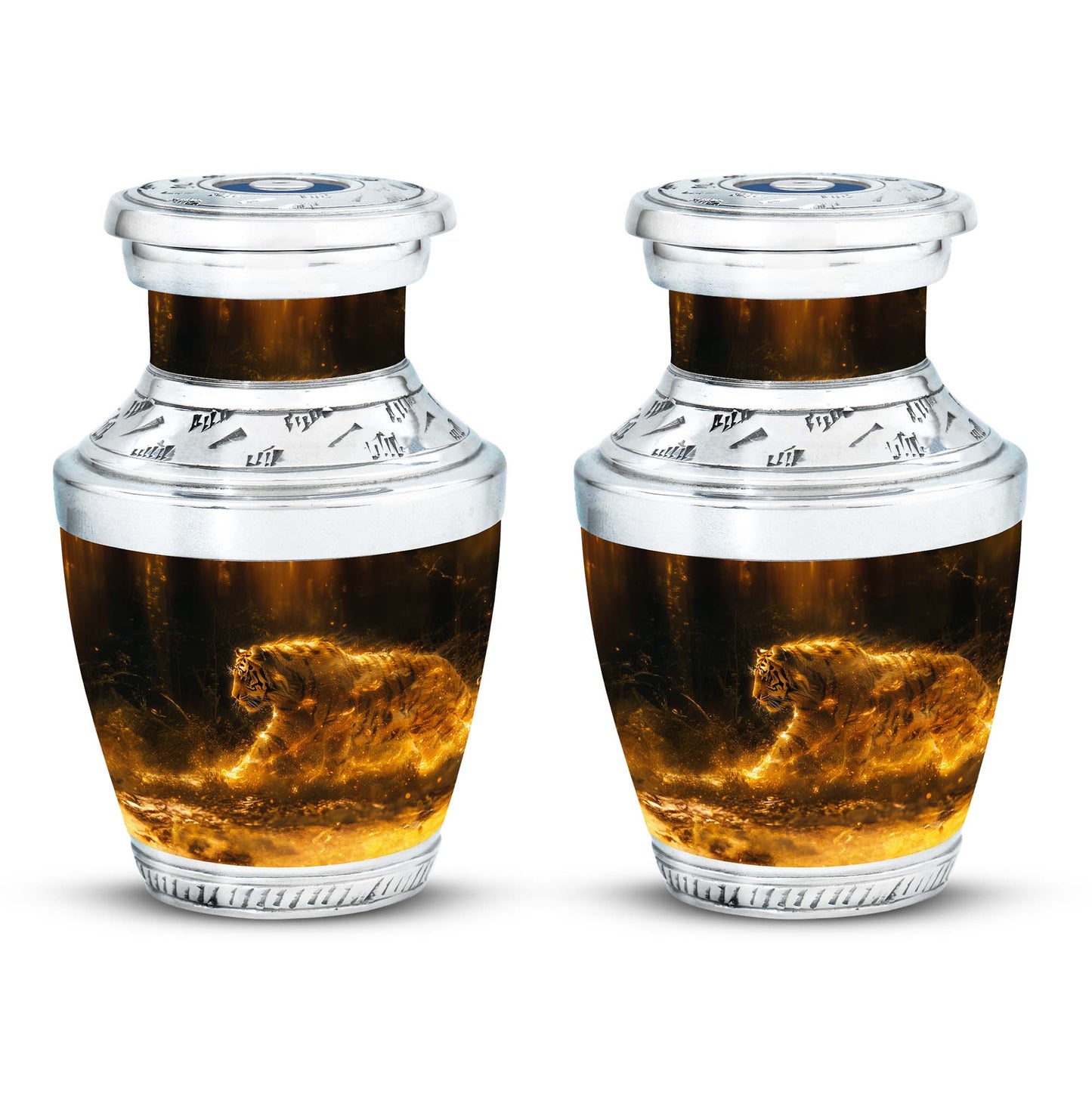Tiger Urn for Ashes, Tiger Running Through Golden Fire on Black, Memorial Urn