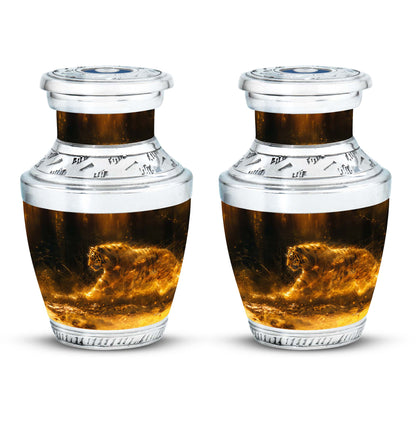 Tiger Urn for Ashes, Tiger Running Through Golden Fire on Black, Memorial Urn
