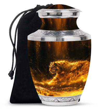Tiger Urn for Ashes, Tiger Running Through Golden Fire on Black, Memorial Urn