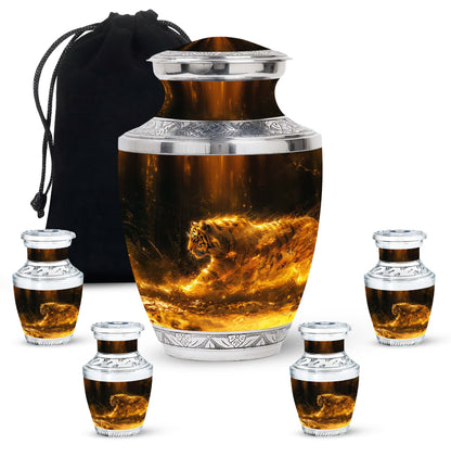 Tiger Urn for Ashes, Tiger Running Through Golden Fire on Black, Memorial Urn
