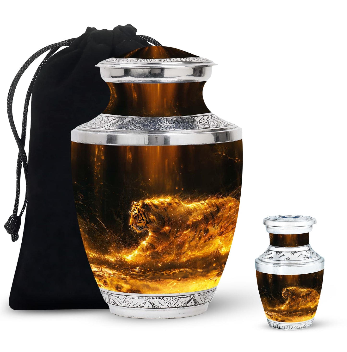 Tiger Urn for Ashes, Tiger Running Through Golden Fire on Black, Memorial Urn
