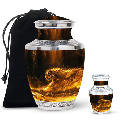 Tiger Urn for Ashes, Tiger Running Through Golden Fire on Black, Memorial Urn