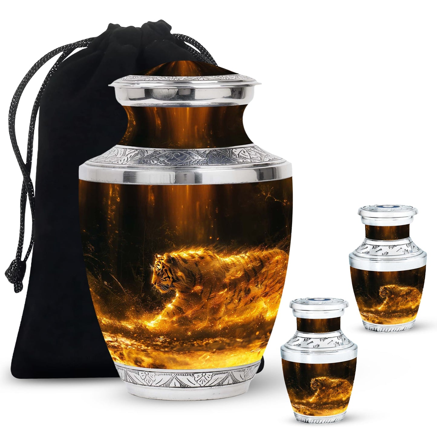 Tiger Urn for Ashes, Tiger Running Through Golden Fire on Black, Memorial Urn