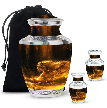 Tiger Urn for Ashes, Tiger Running Through Golden Fire on Black, Memorial Urn