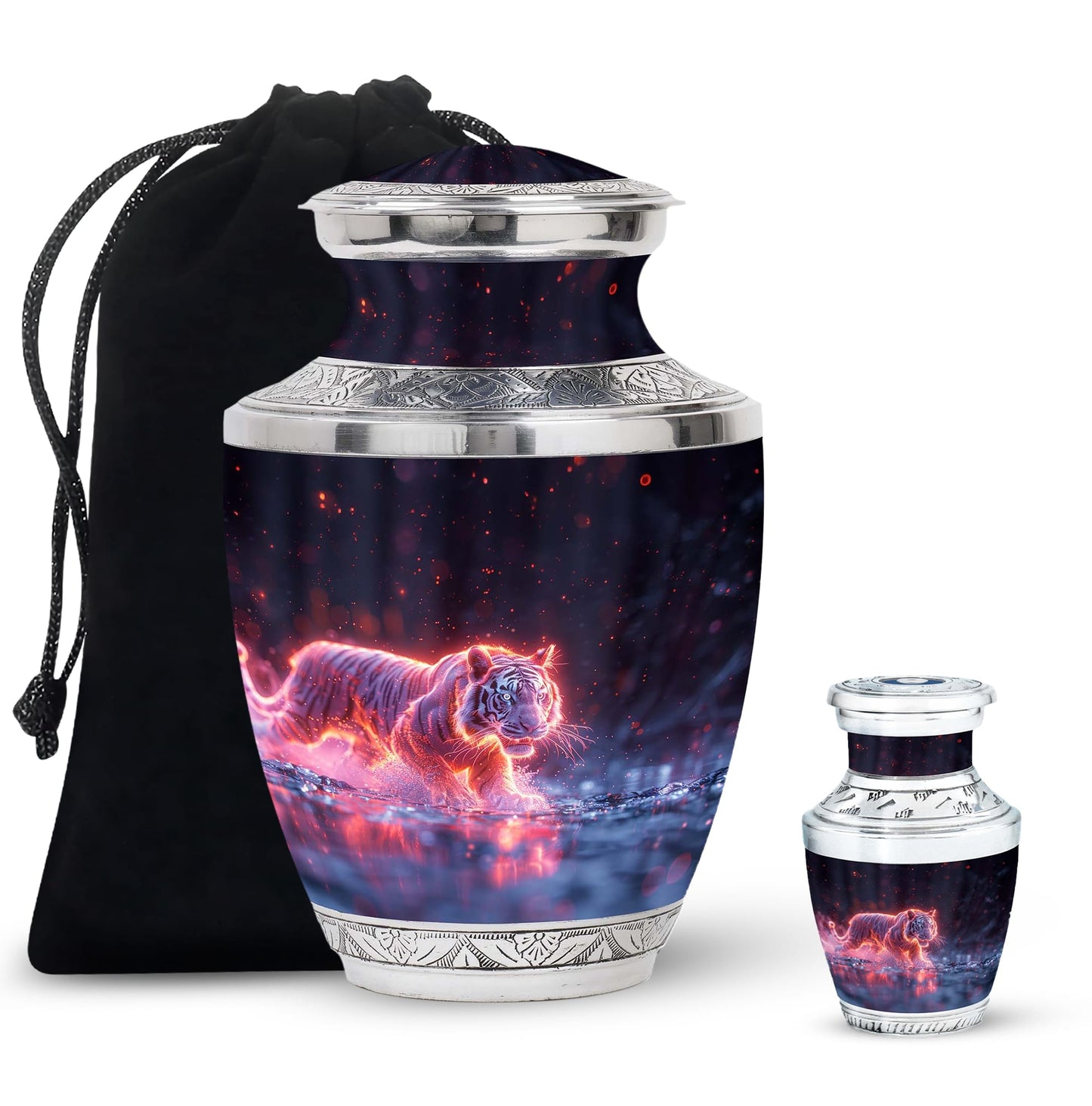 Black Personalized Tiger Cremation Urn for Human Ashes - 10-inch, 200 cu in - Yatskia