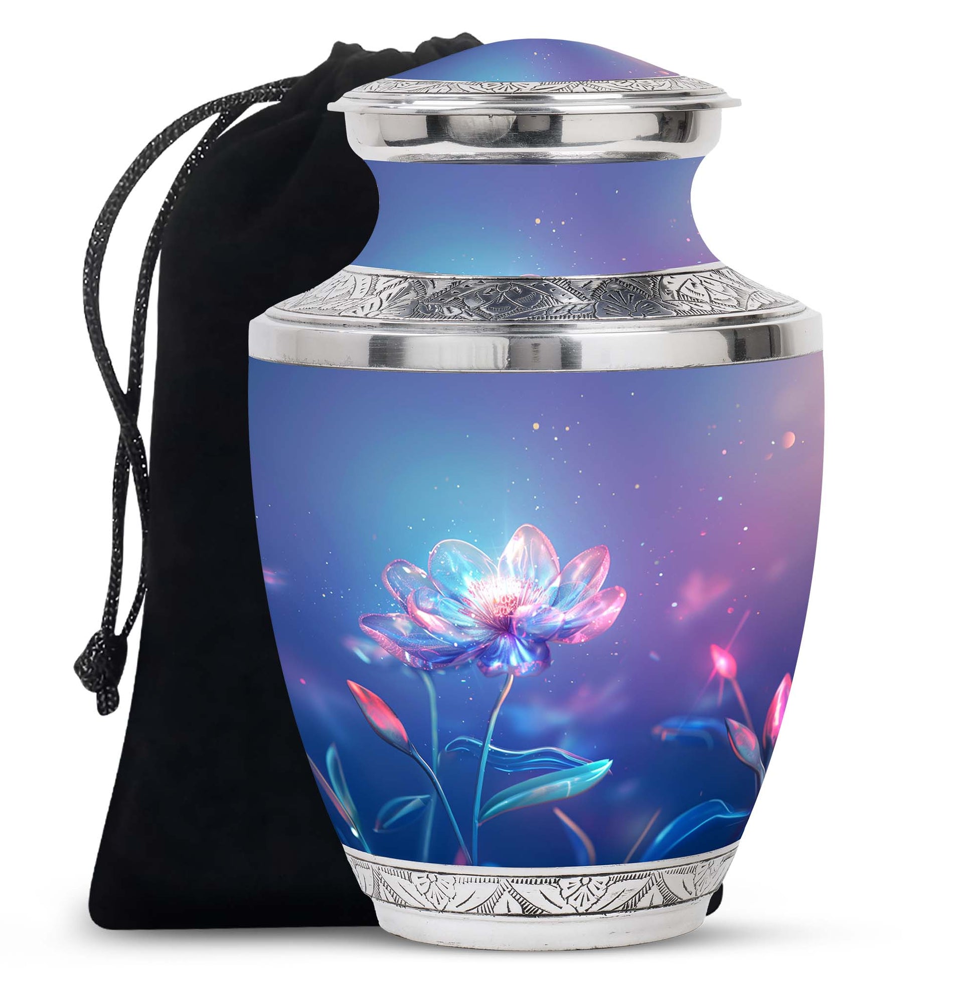 Beautiful Blue Flower Urn - Artistic Floral Design Cremation Urn for Ashes