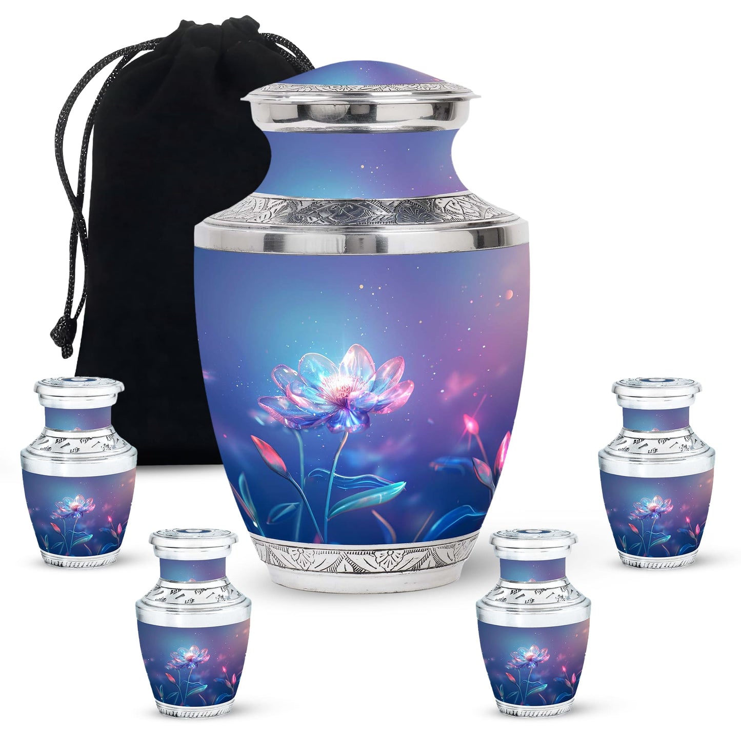 Blue Personalized Flower Cremation Urn for Human Ashes - 10-inch, 200 cu in - Yatskia