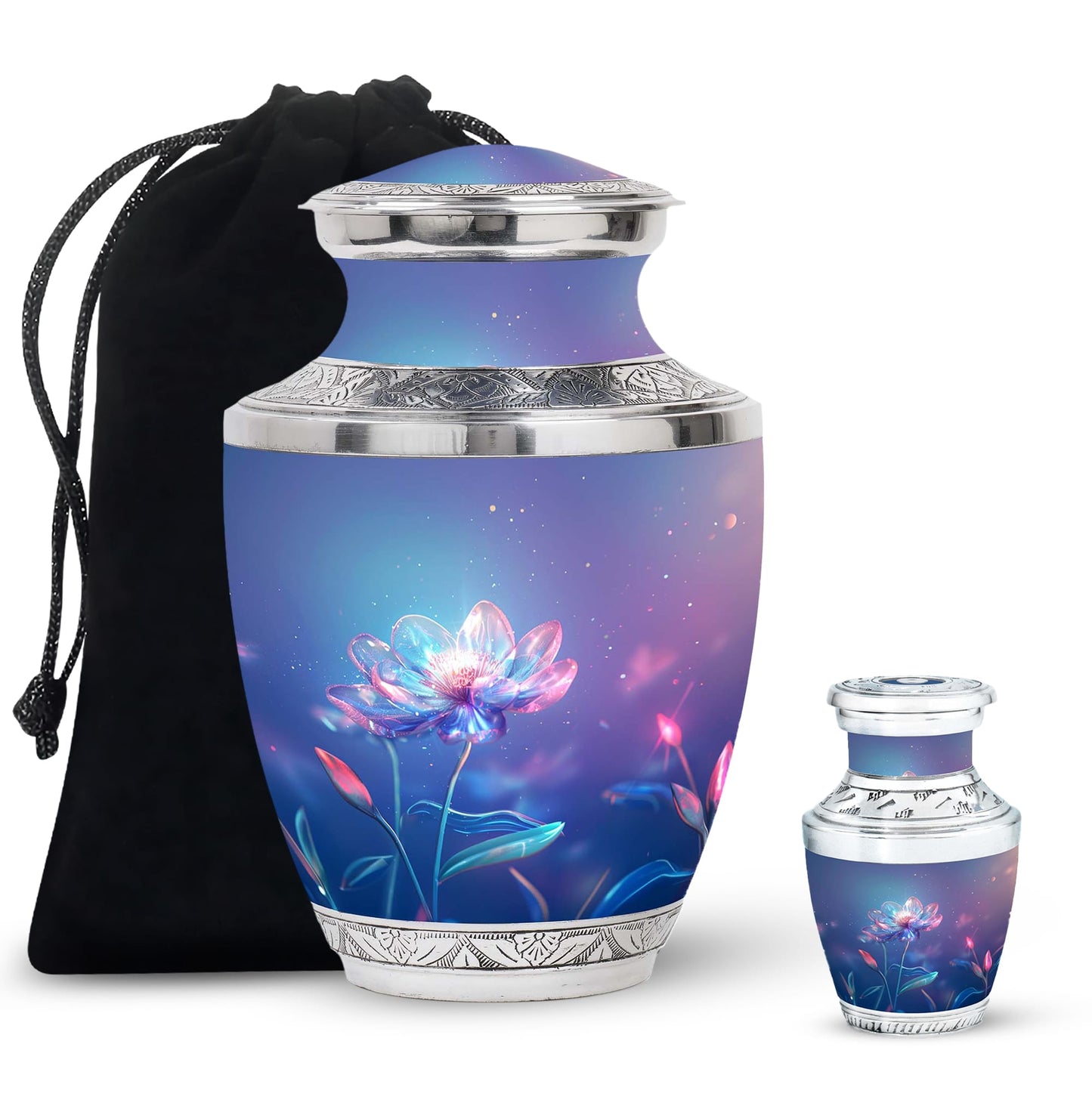 Blue Personalized Flower Cremation Urn for Human Ashes - 10-inch, 200 cu in - Yatskia