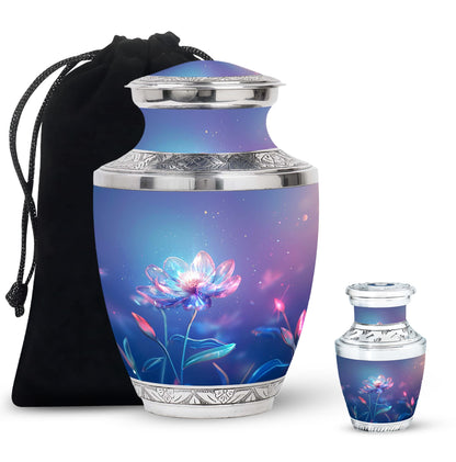 Blue Personalized Flower Cremation Urn for Human Ashes - 10-inch, 200 cu in - Yatskia