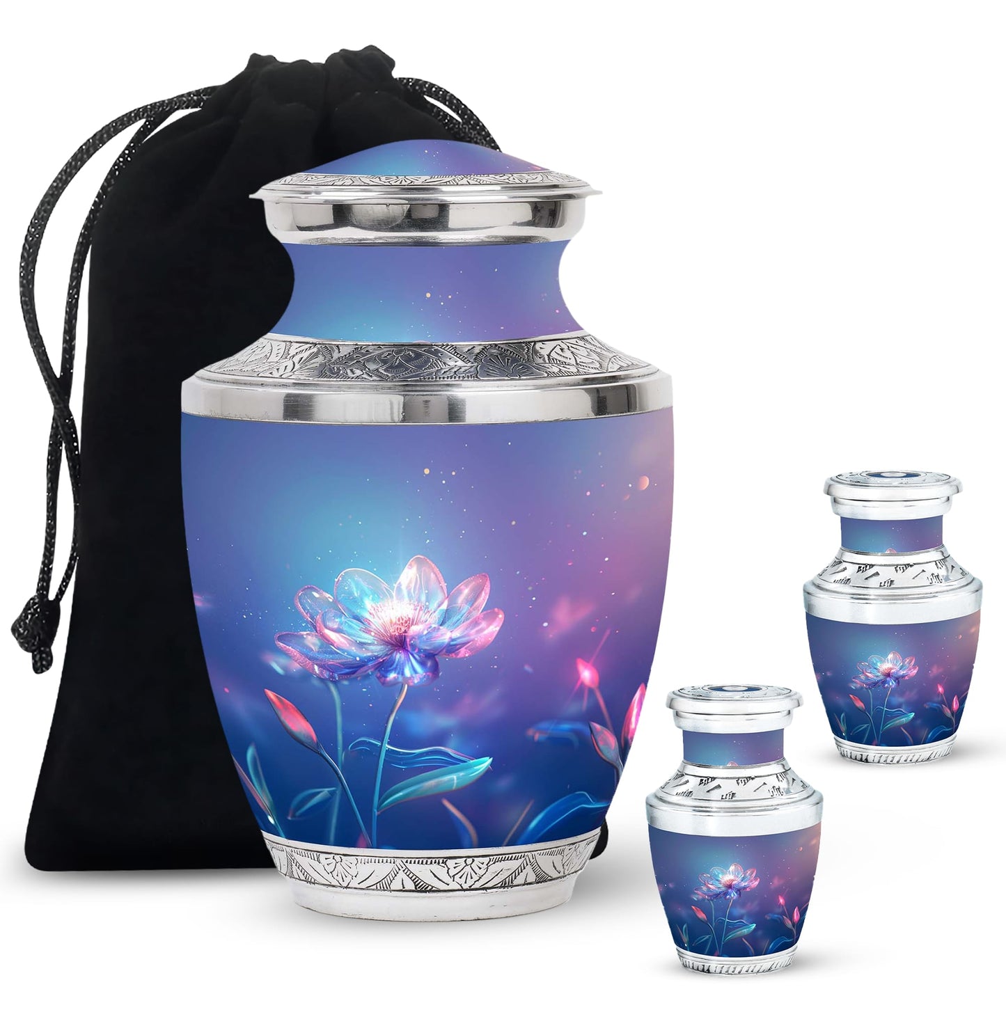 Blue Personalized Flower Cremation Urn for Human Ashes - 10-inch, 200 cu in - Yatskia