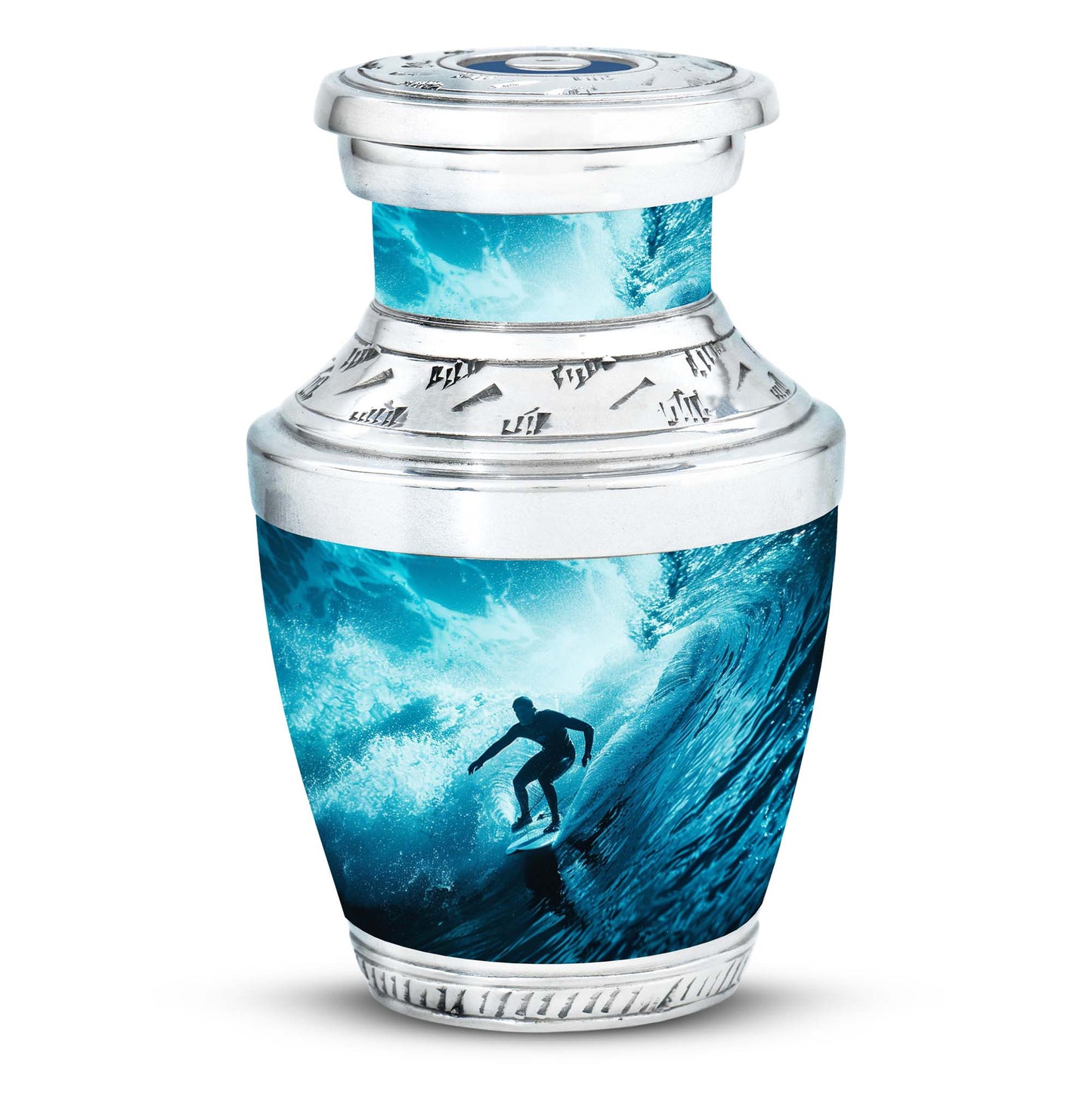 Surfing Urn for Human Ashes with Surfer Silhouette Turquoise Wave, Memorial Urn