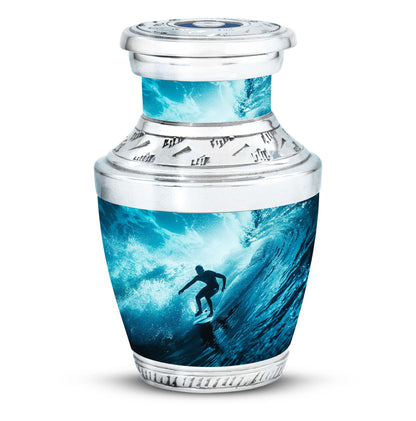 Surfing Urn for Human Ashes with Surfer Silhouette Turquoise Wave, Memorial Urn