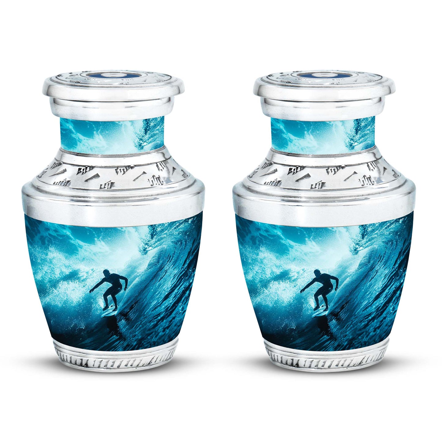 Surfing Urn for Human Ashes with Surfer Silhouette Turquoise Wave, Memorial Urn