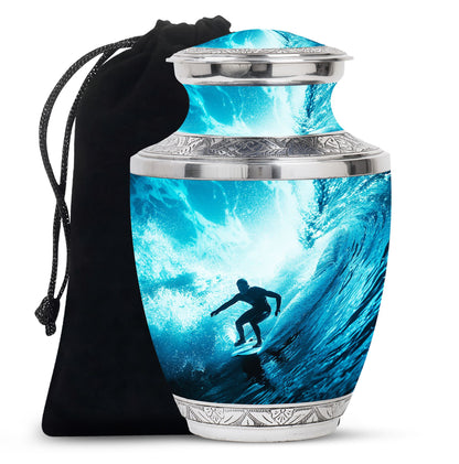 Surfing Urn for Human Ashes with Surfer Silhouette Turquoise Wave, Memorial Urn