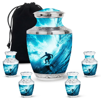 Surfing Urn for Human Ashes with Surfer Silhouette Turquoise Wave, Memorial Urn