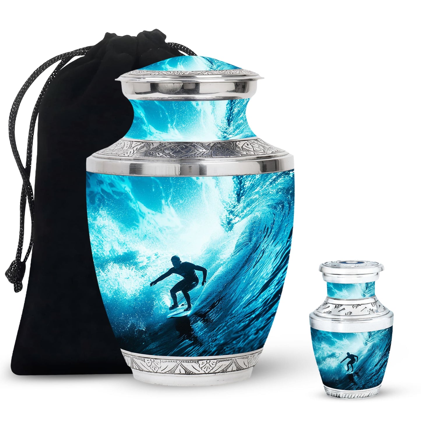 Surfing Urn for Human Ashes with Surfer Silhouette Turquoise Wave, Memorial Urn