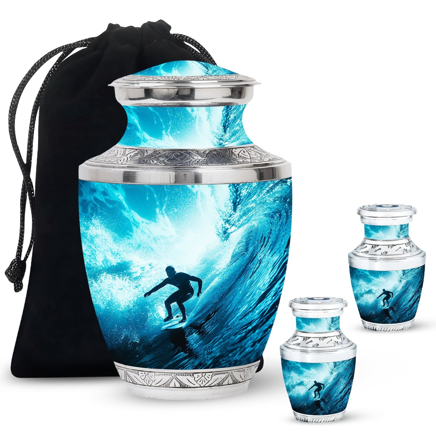 Surfing Urn for Human Ashes with Surfer Silhouette Turquoise Wave, Memorial Urn