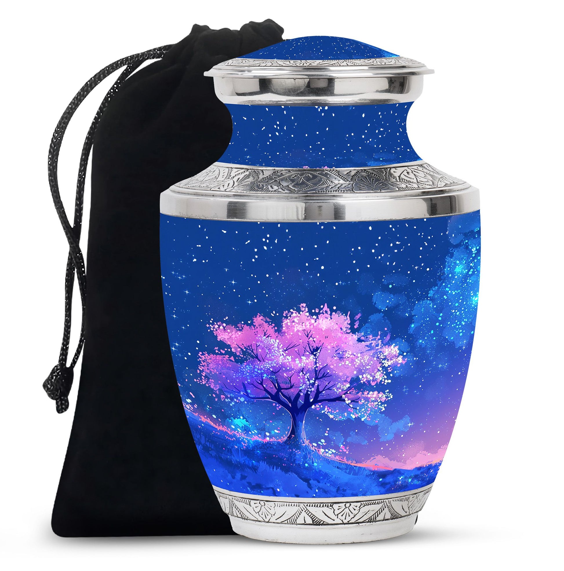 Blue Floral Tree Cremation Urn - Large Urns For Human Ashes