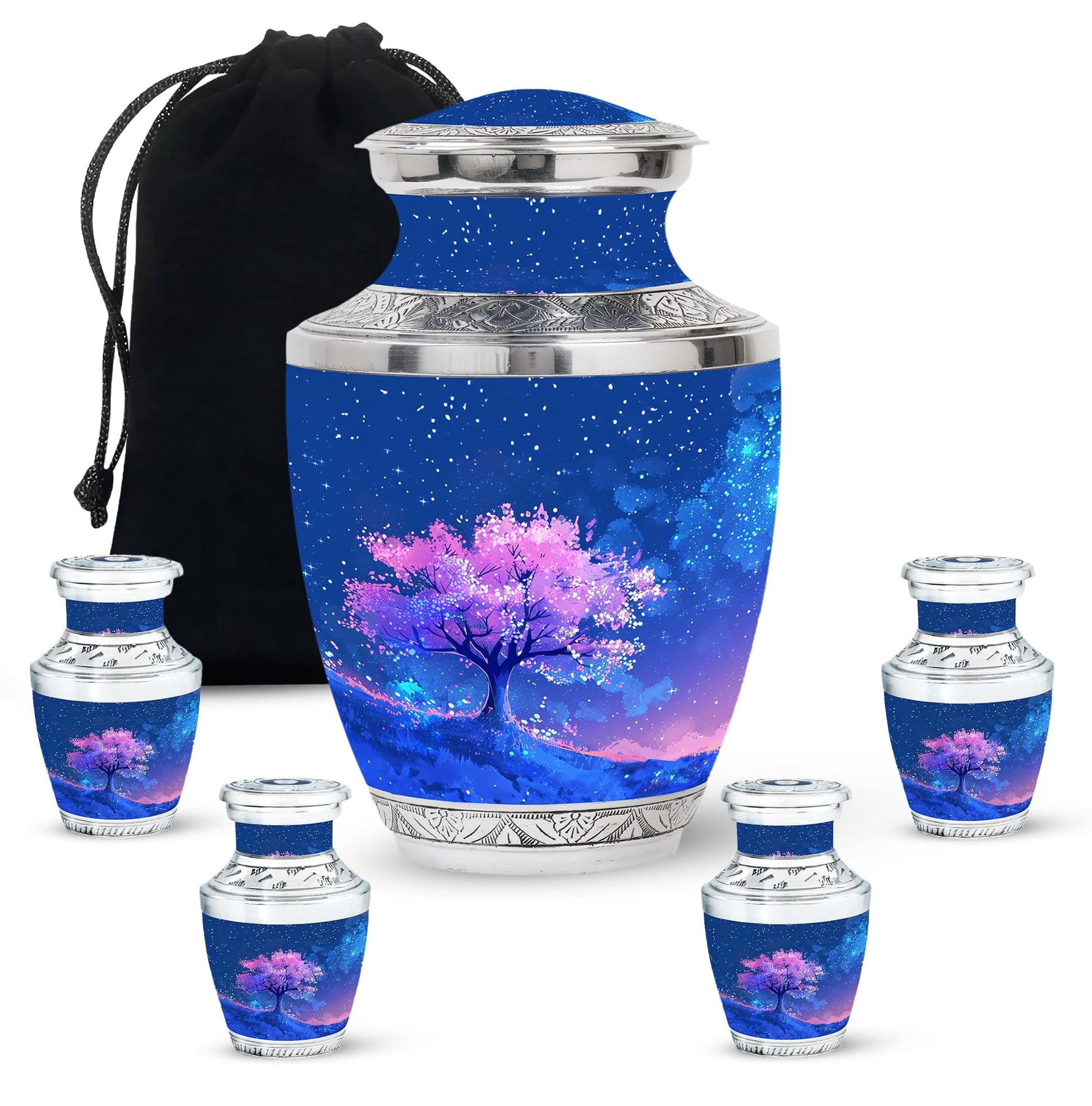 Blue Floral Tree Cremation Urn - Large Urns For Human Ashes