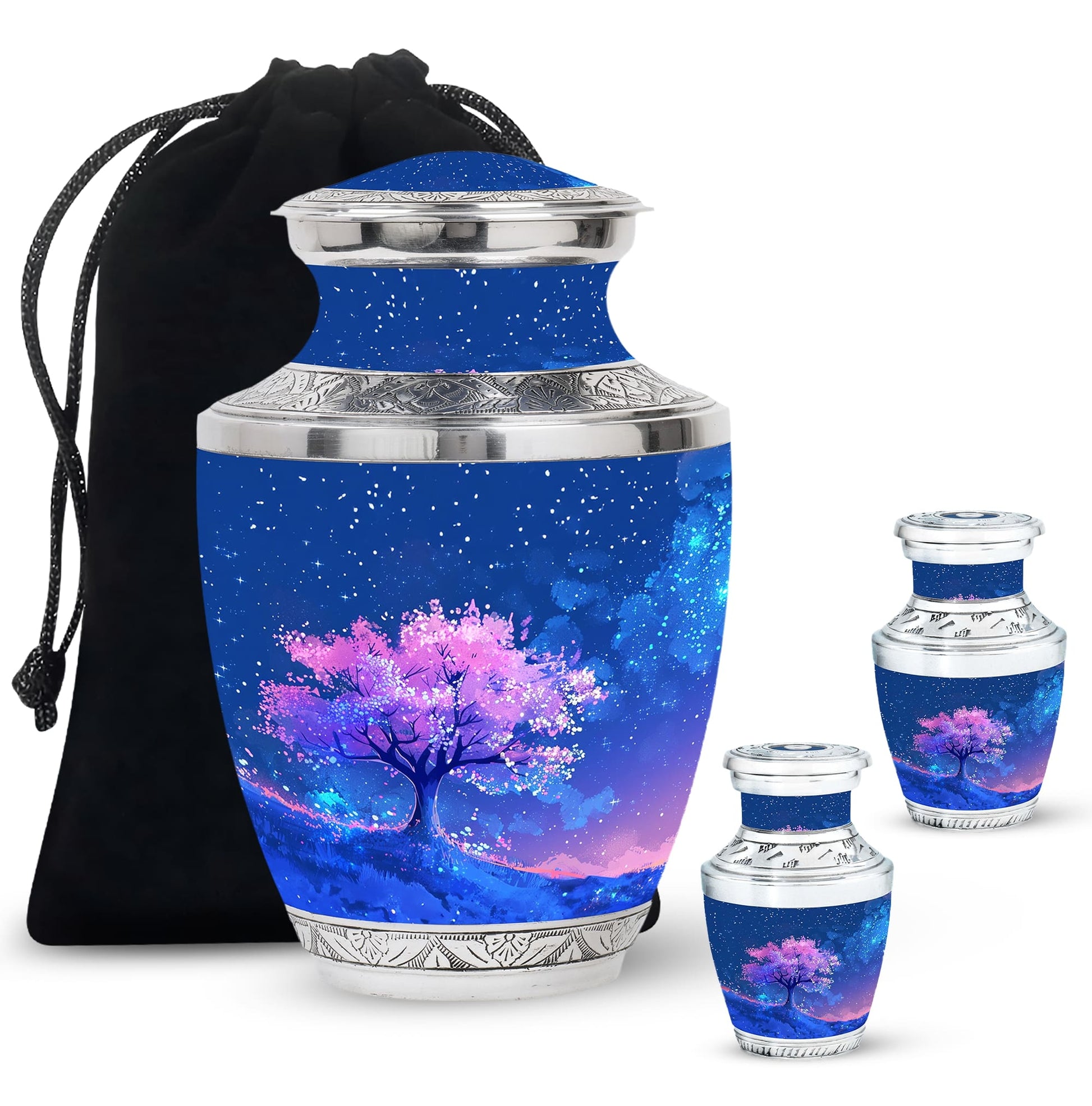 Blue Floral Tree Cremation Urn - Large Urns For Human Ashes