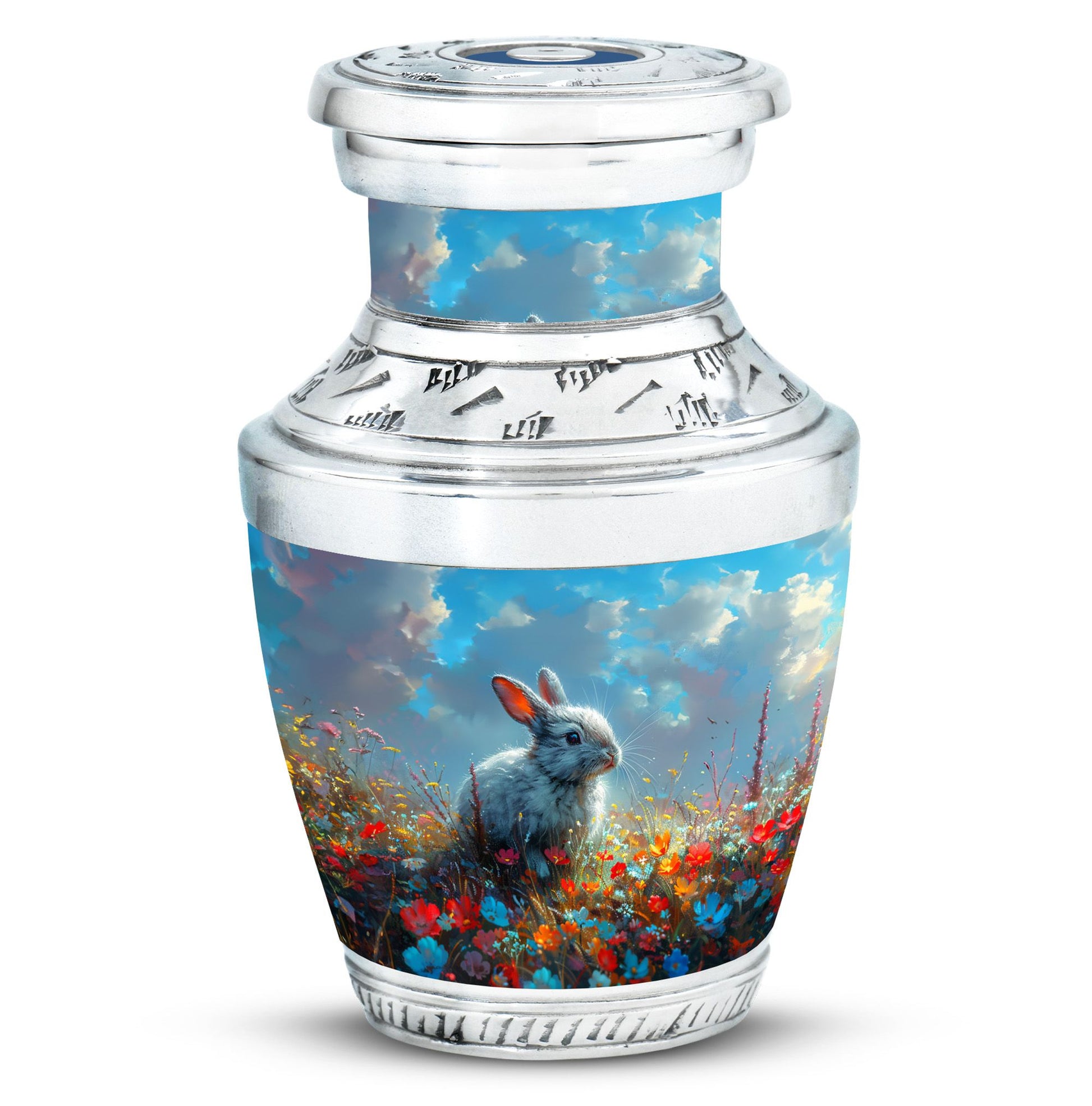 Colorful Flower Urn with White Bunny - Beautiful Pet Memorial Urn for Ashes