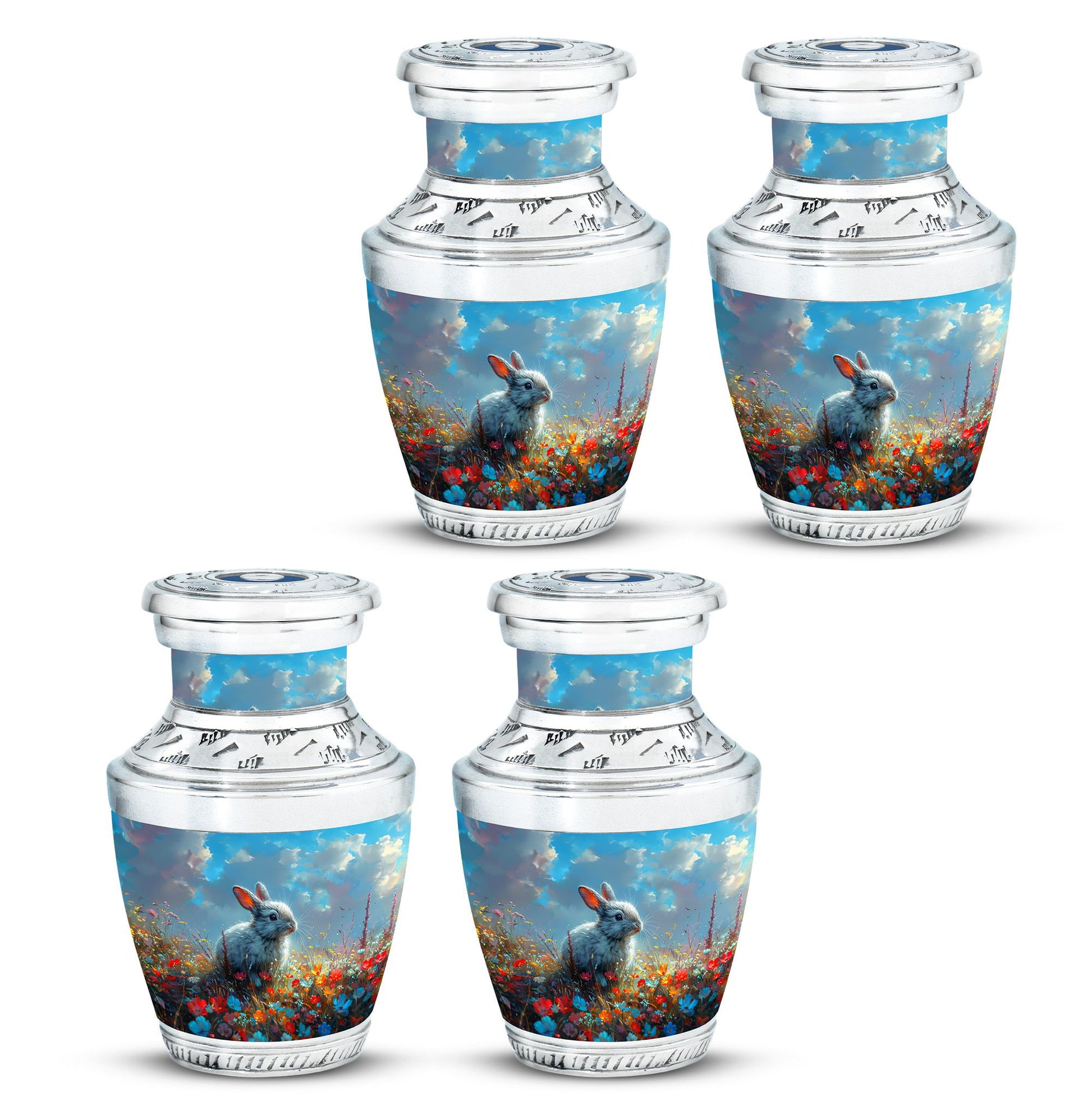 Colorful Flower Urn with White Bunny - Beautiful Pet Memorial Urn for Ashes