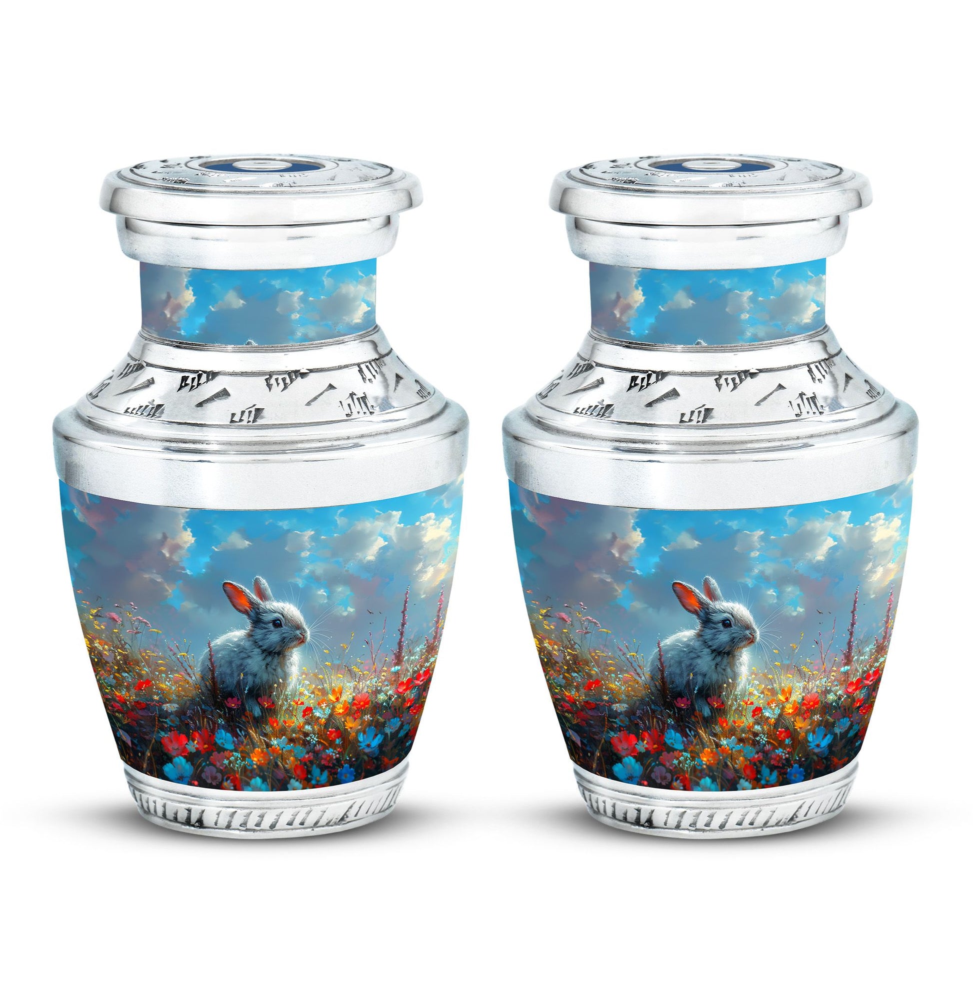 Colorful Flower Urn with White Bunny - Beautiful Pet Memorial Urn for Ashes